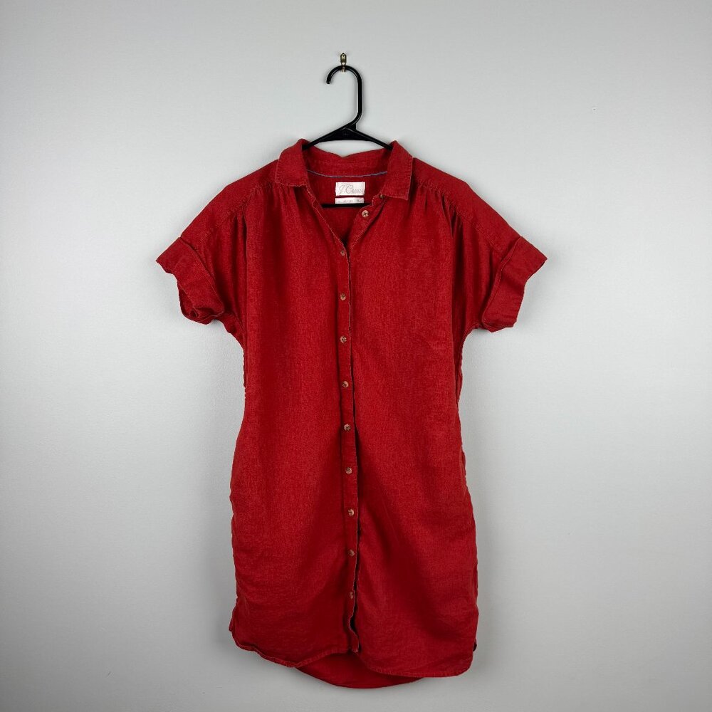 J Crew Relaxed-fit Linen Short Sleeve Button Down Shirt-Dress Red Womens XS